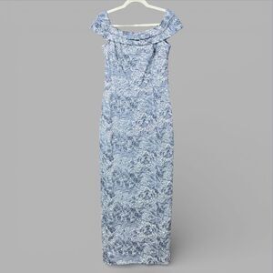 THEIA COUTURE Off Shoulder Maxi Dress Silver Gray Metallic Floral Brocade Sz 8